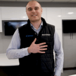 Branch manager testimonial portrait at Benchmarx Witney for White Macaubus Quartz worktops project