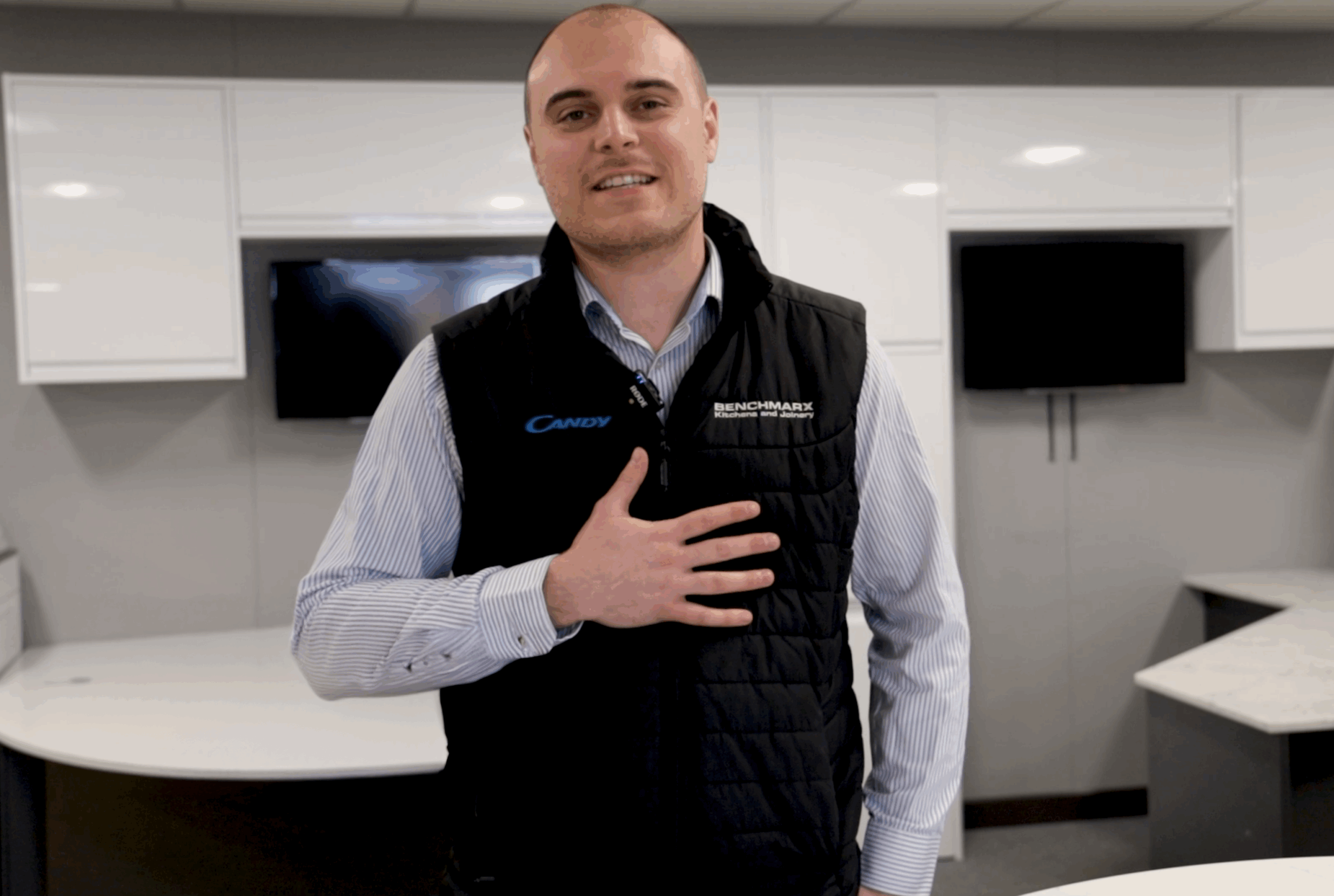 Branch manager testimonial portrait at Benchmarx Witney for White Macaubus Quartz worktops project