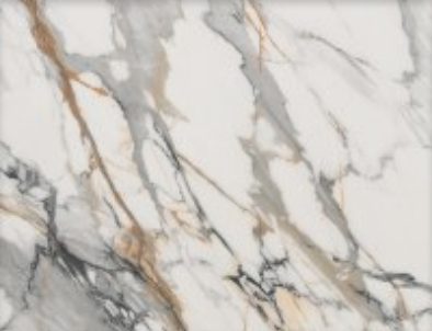 Calacatta Gold Borgnini Porcelain close-up showing bold grey veining with warm gold accents across a bright white background