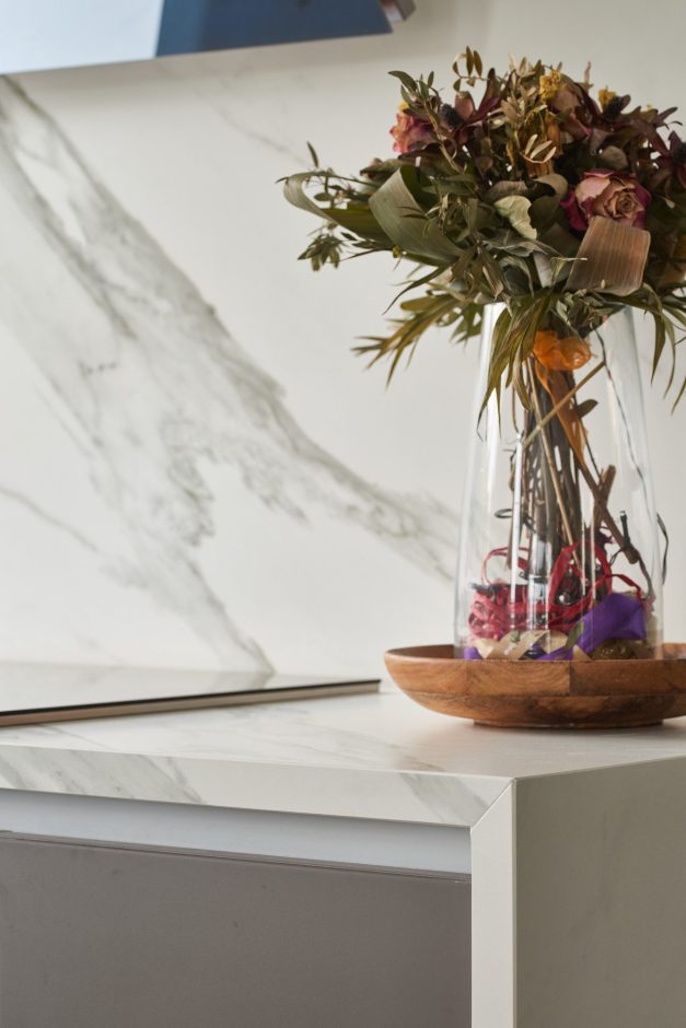Opera Porcelain worktop detail with decorative styling and grey veining