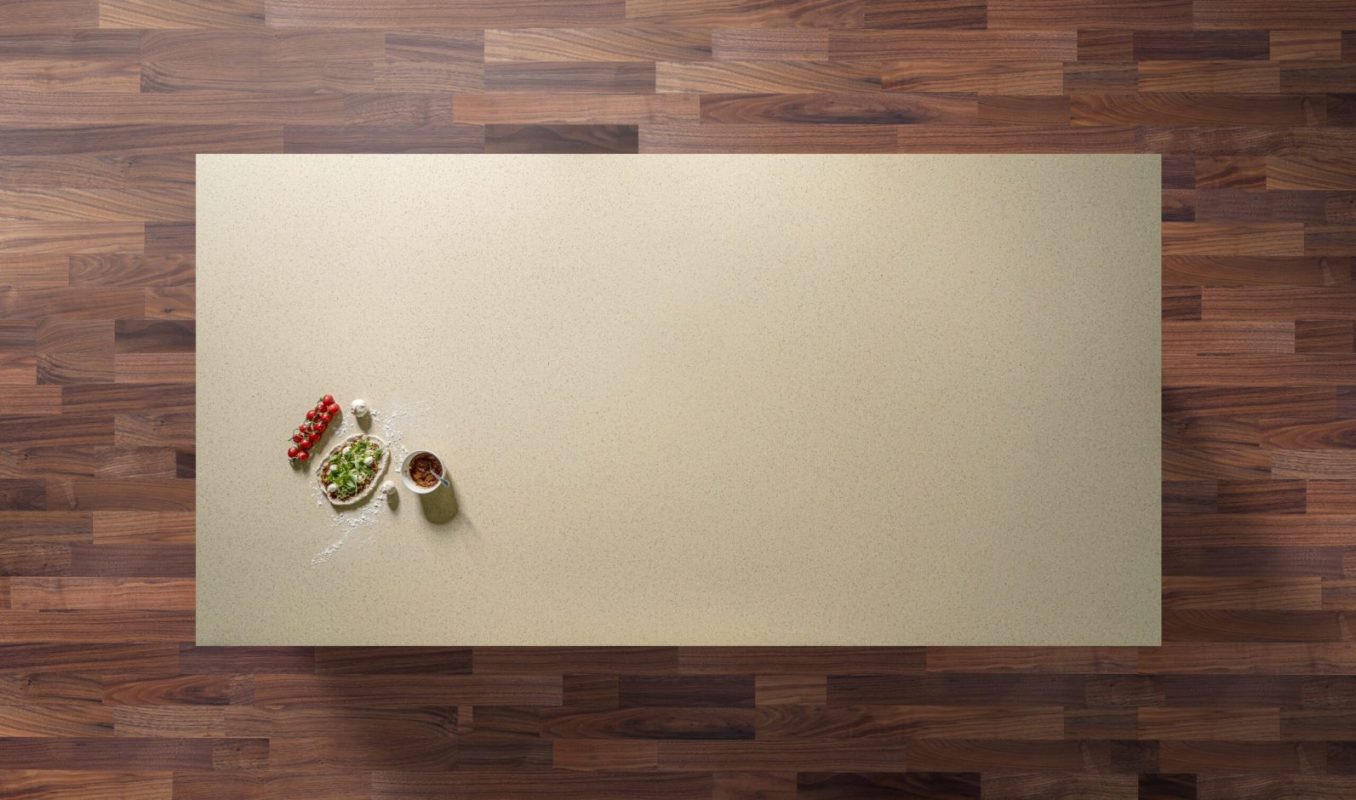 Beige Starlight Quartz worktop shown from above with warm beige tone and subtle sparkle flecks across the surface
