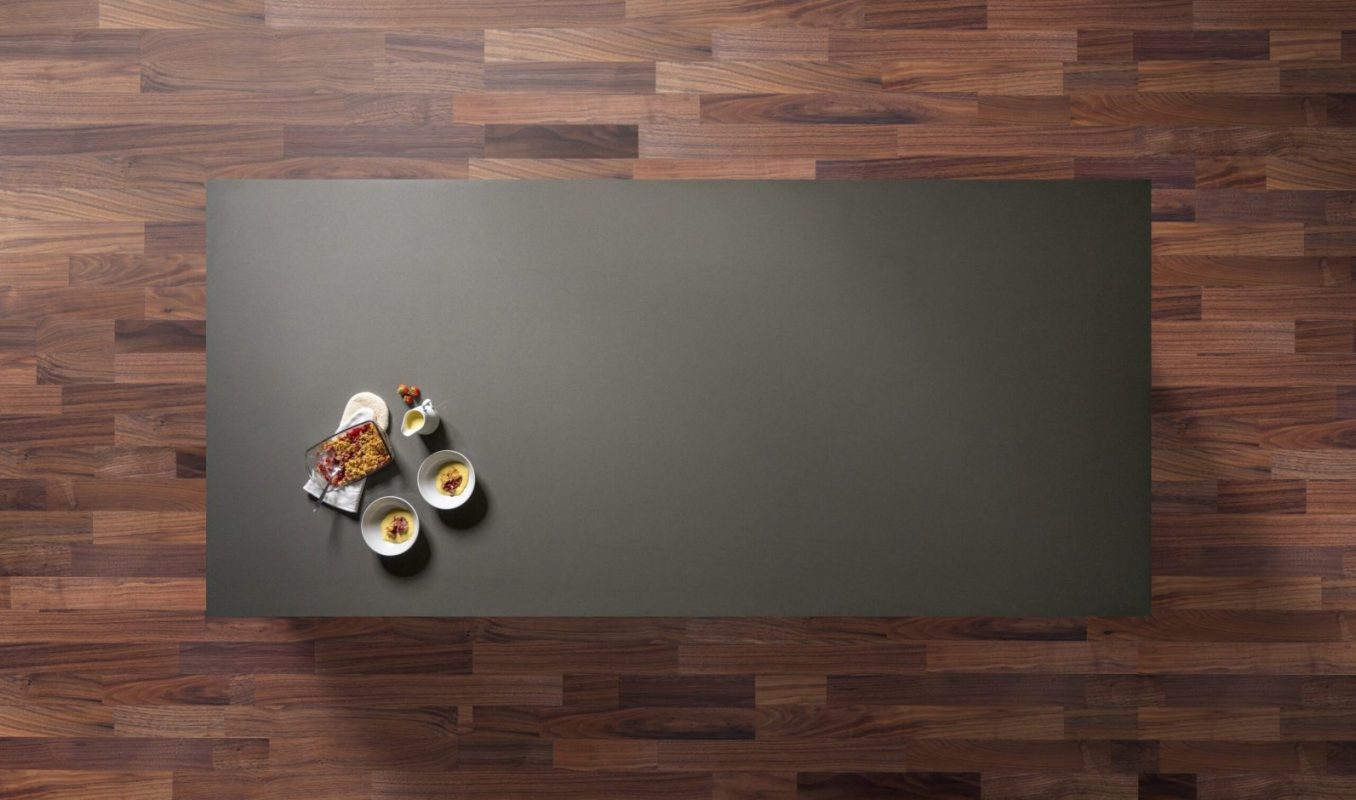 Cemento Spa Porcelain worktop shown from above with smooth dark grey concrete-effect surface and uniform finish