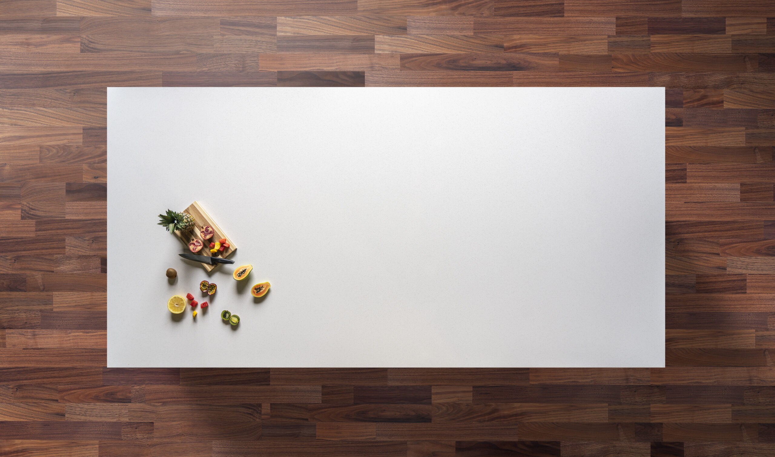 Overhead view of Dover White Quartz worktop showing a clean, bright surface with a smooth finish