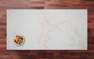 Overhead view of Gold Statuario Quartz worktop with sweeping gold veining across a bright white surface