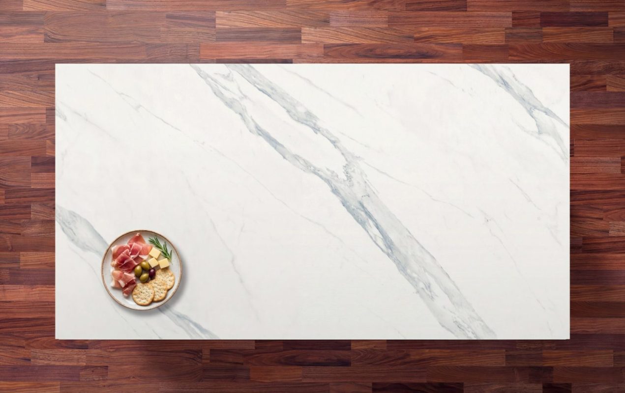 Opera Porcelain worktop slab with soft grey veining shown from above