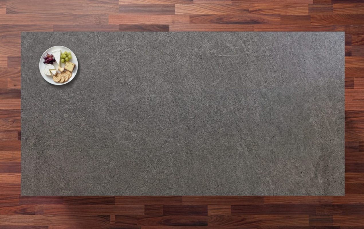 Pierre Bleue Porcelain worktop with dark grey stone effect surface viewed from above