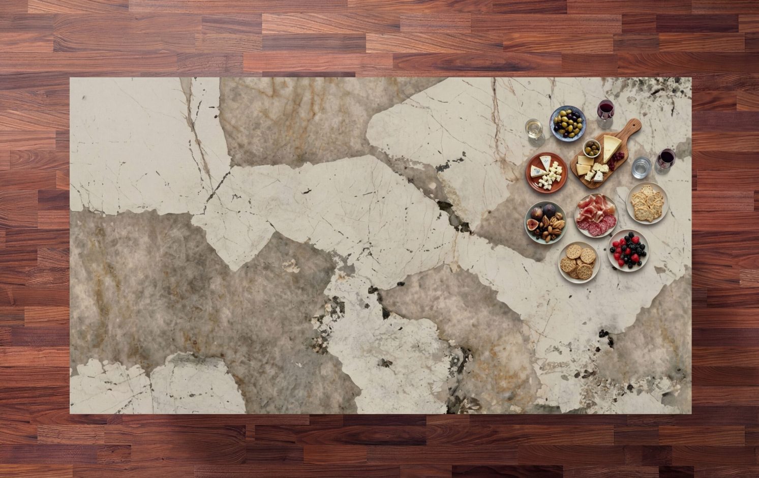 Khalo Porcelain worktop surface in creamy white with bold taupe and gold veining, photographed from above with small bowls at the edge