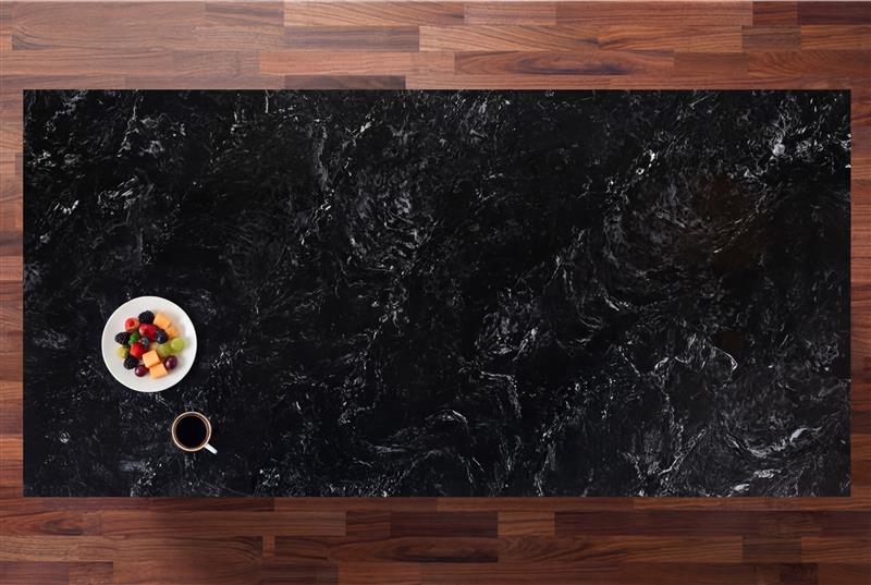 Midnight Black Quartz worktop shown from above with dramatic black stone-effect movement and smoky lighter markings