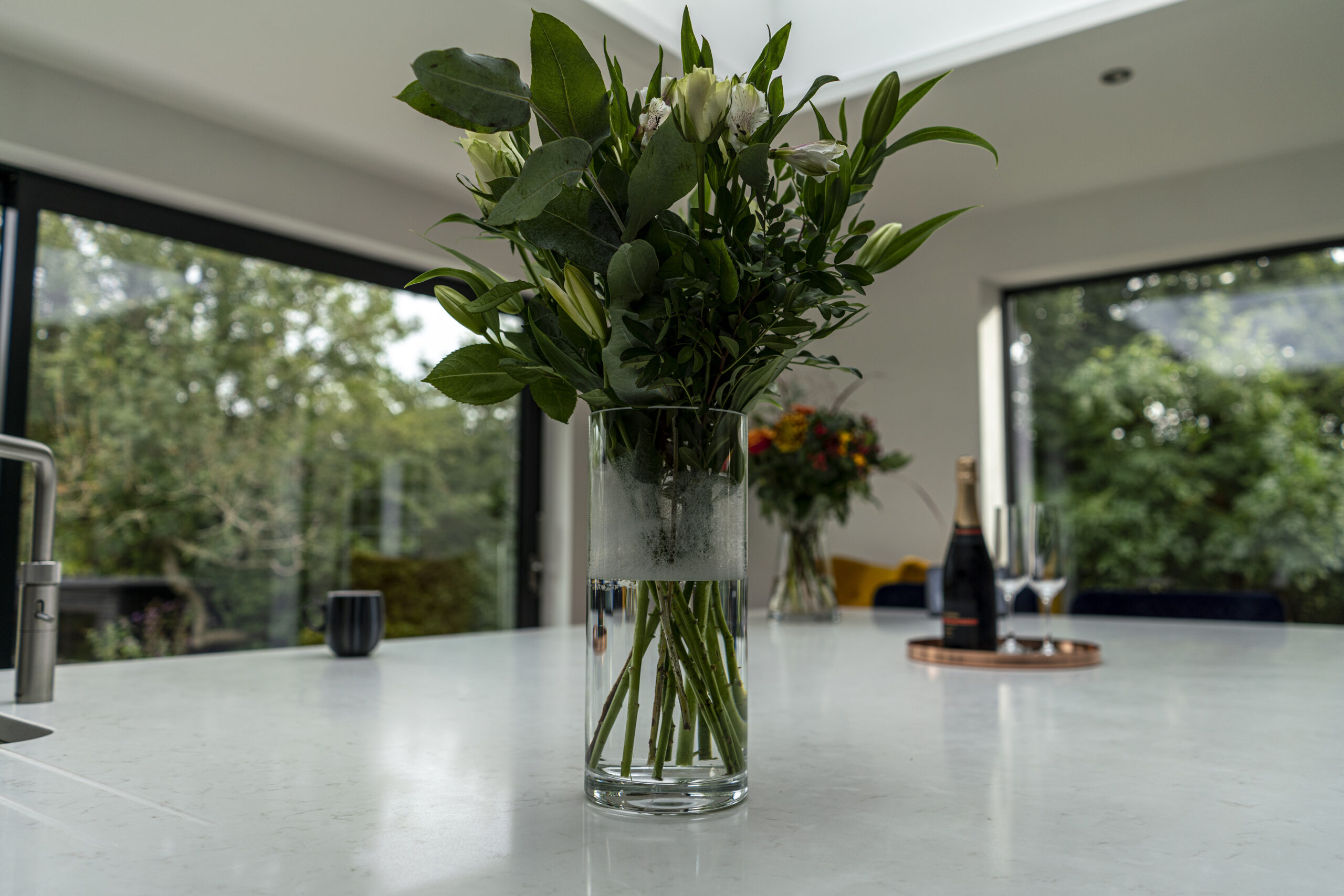Carrara Quartz worktops in a modern kitchen with subtle grey veining