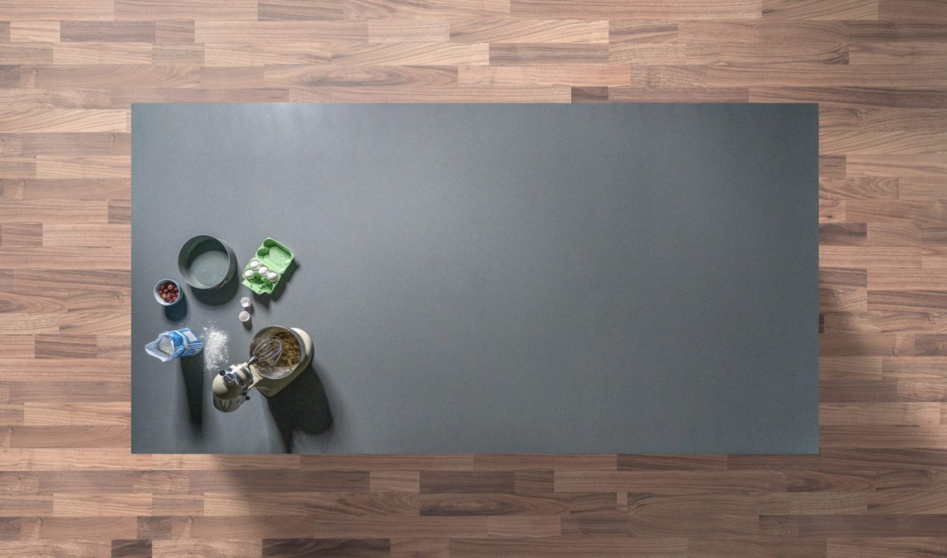 Slate Grey Quartz worktop shown from above with smooth dark grey surface and minimal stone-effect movement