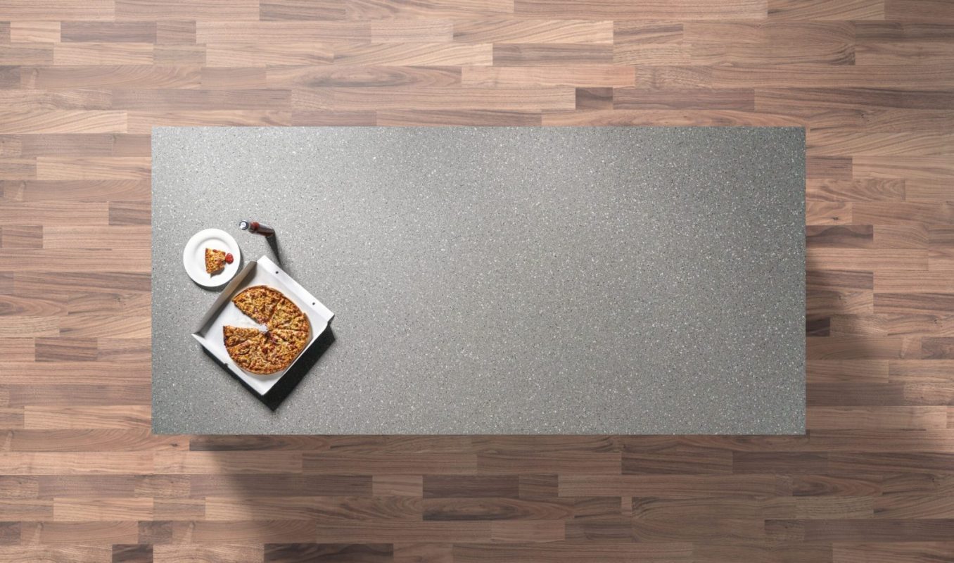 Titanium Quartz worktop shown from above with medium grey surface and fine speckled grain across the slab