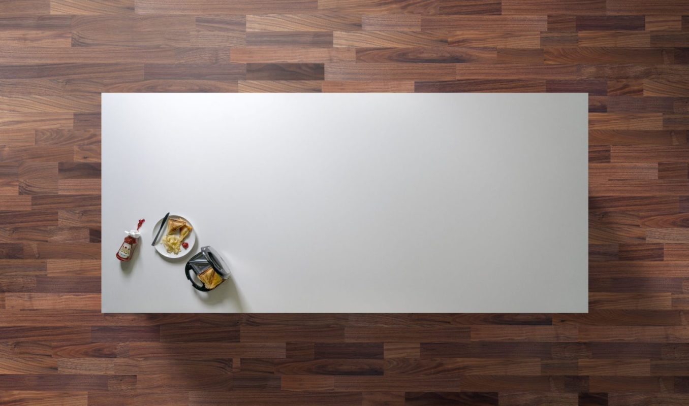 White Storm 14 Quartz worktop shown from above with bright white surface and subtle fine speckling across the slab