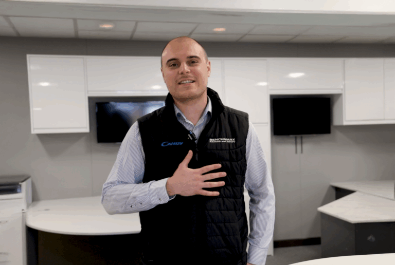 Branch manager testimonial portrait at Benchmarx Witney for White Macaubus Quartz worktops project