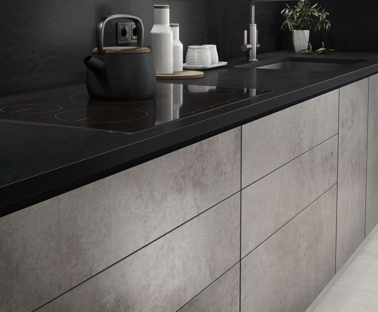 Kreta Porcelain kitchen worktop with dark surface and integrated sink