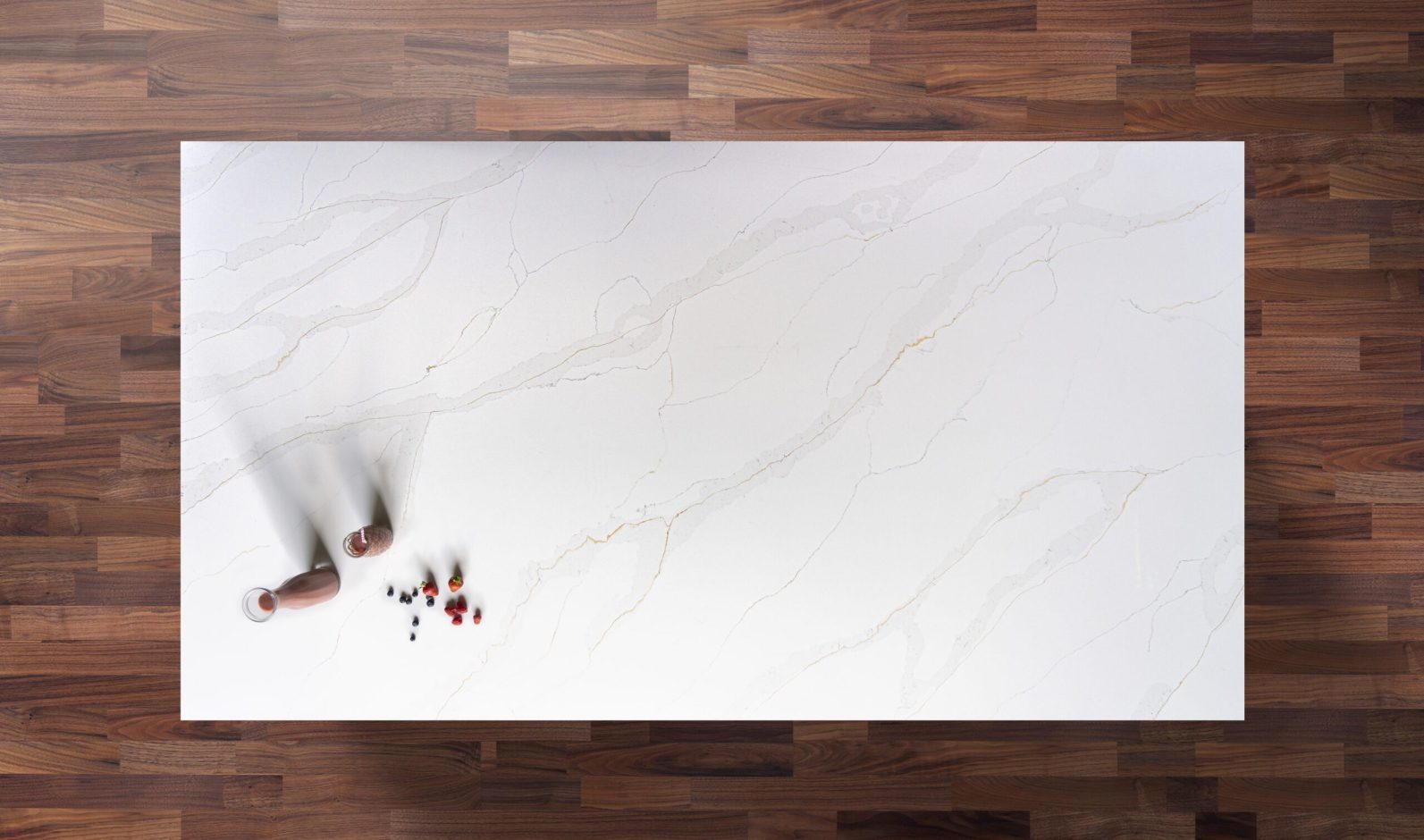 Eternal Calacatta Quartz worktop shown from above with bright white surface and soft grey veining in a marble-effect pattern