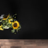 Magma Black Porcelain worktop sample display with a sunflower bouquet on the corner above a wood-effect surface
