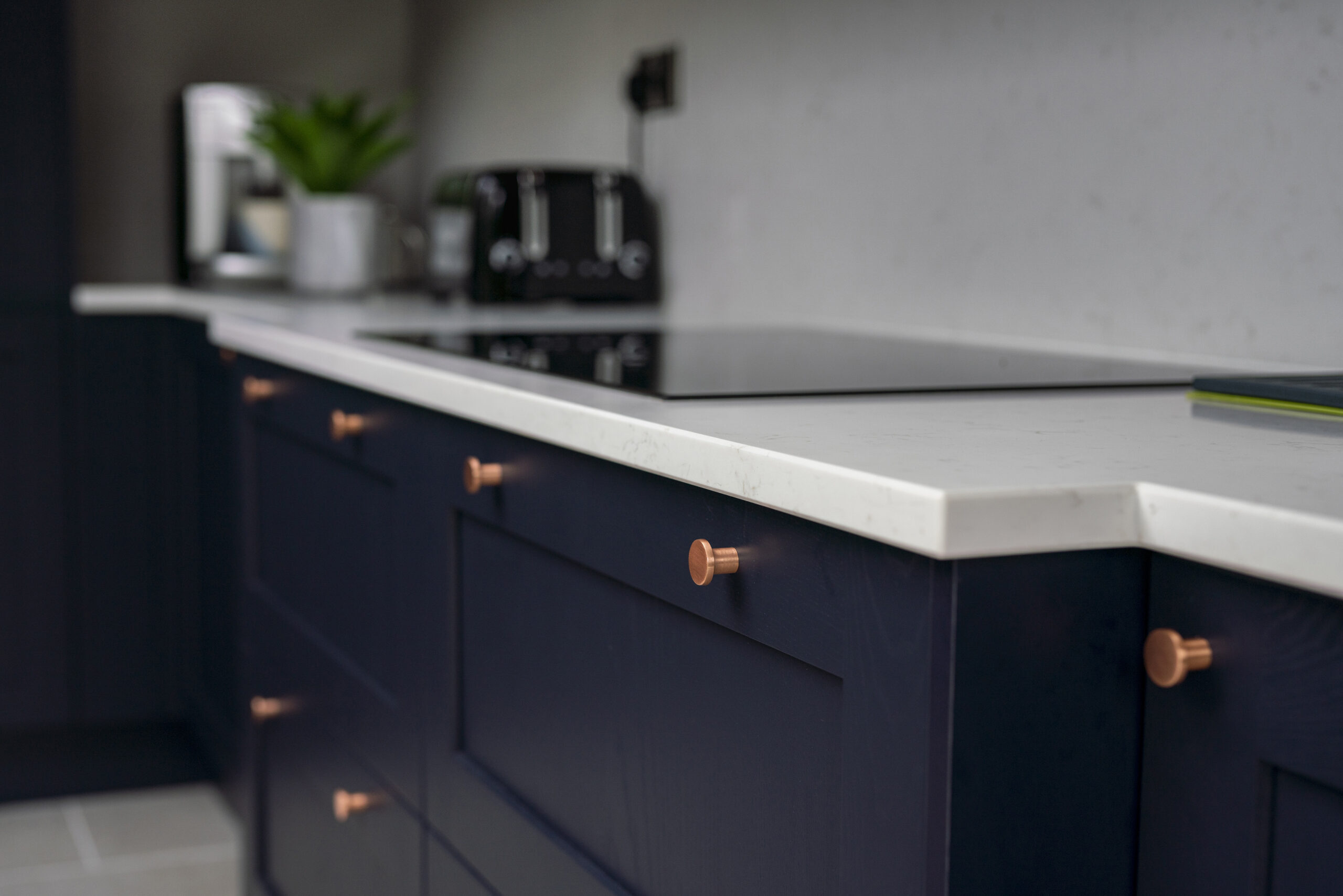Carrara Quartz island with navy chairs in a modern open kitchen
