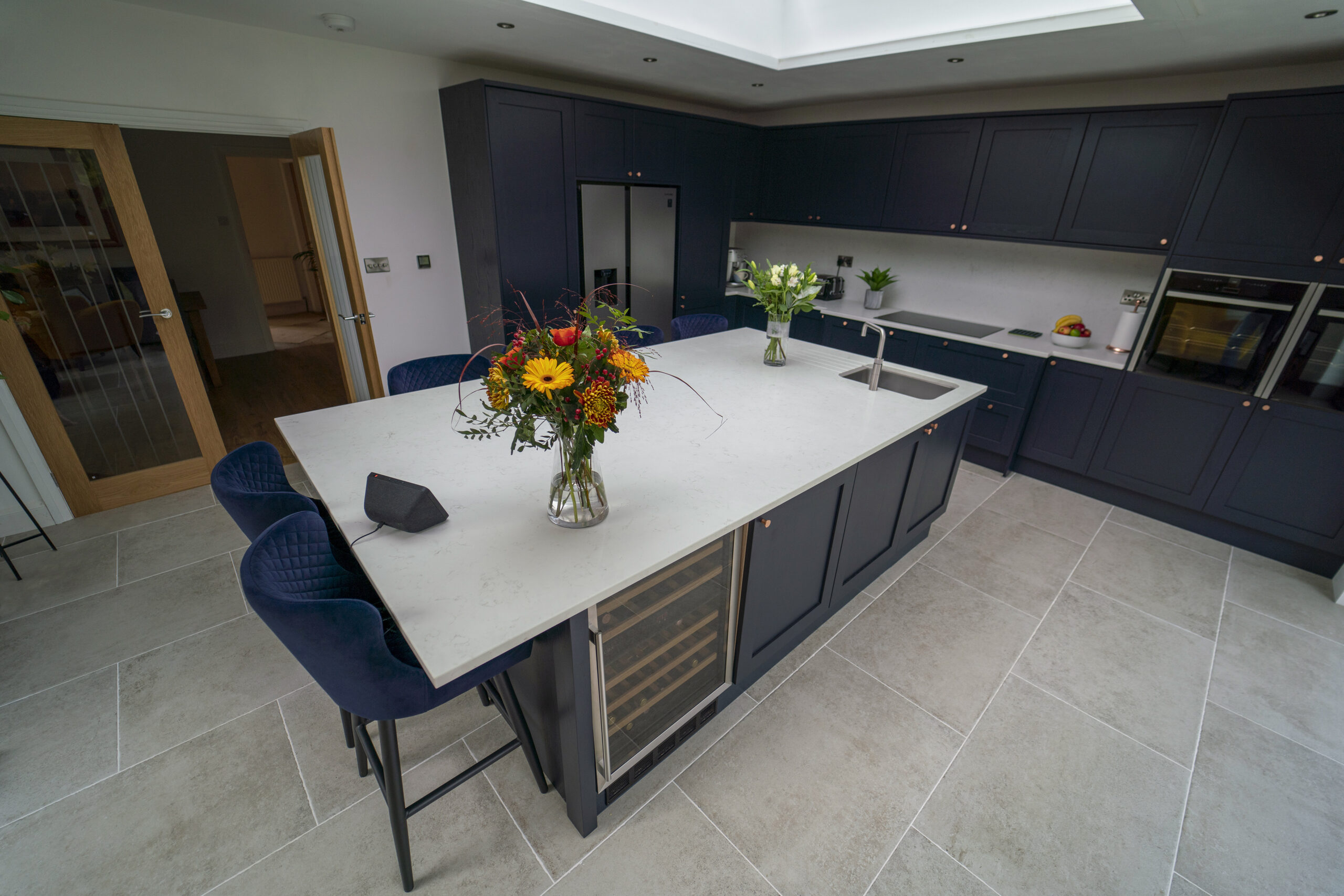 Carrara Quartz worktops in a modern kitchen with subtle grey veining