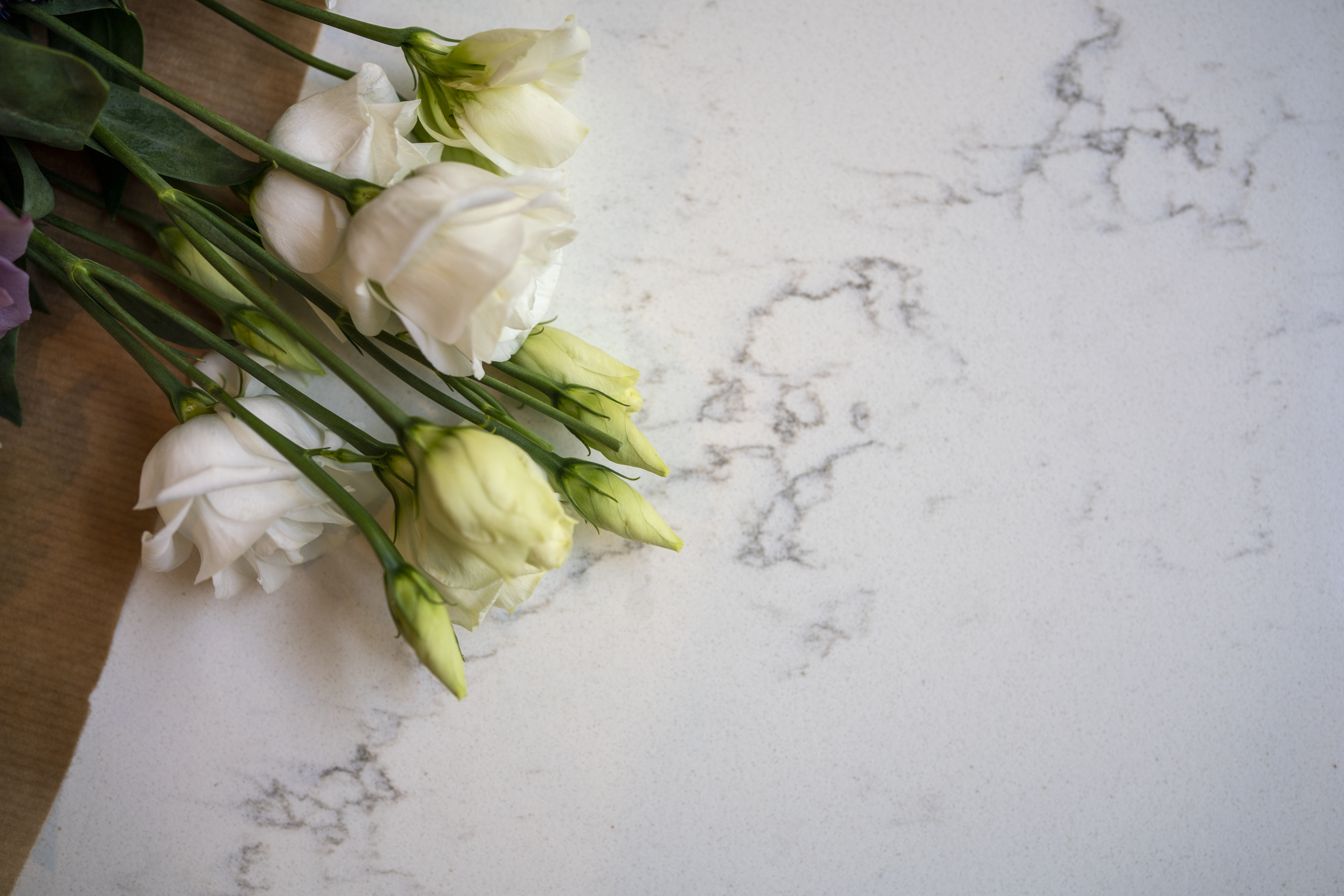 Close-up of Olympus White Quartz worktop showing soft veining with flowers placed on the surface