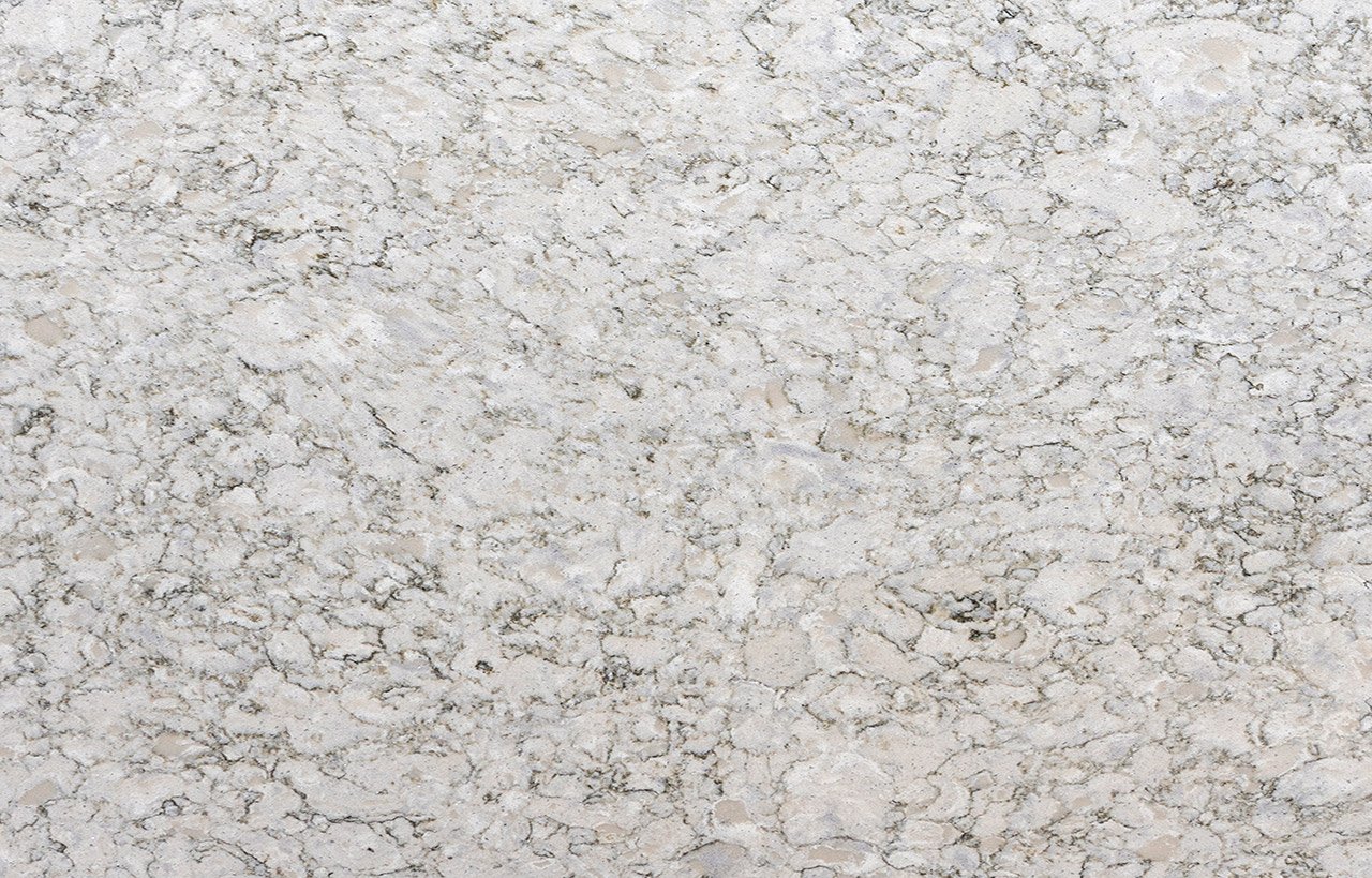 Close-up of Berwyn Drift Quartz slab showing grey marbled patterning and natural movement across the surface