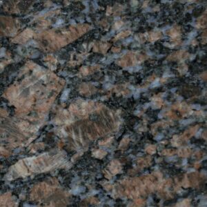Close up slab photo of Sapphire Brown Granite showing a dense mix of brown, black and blue grey crystals with natural fleck patterning.