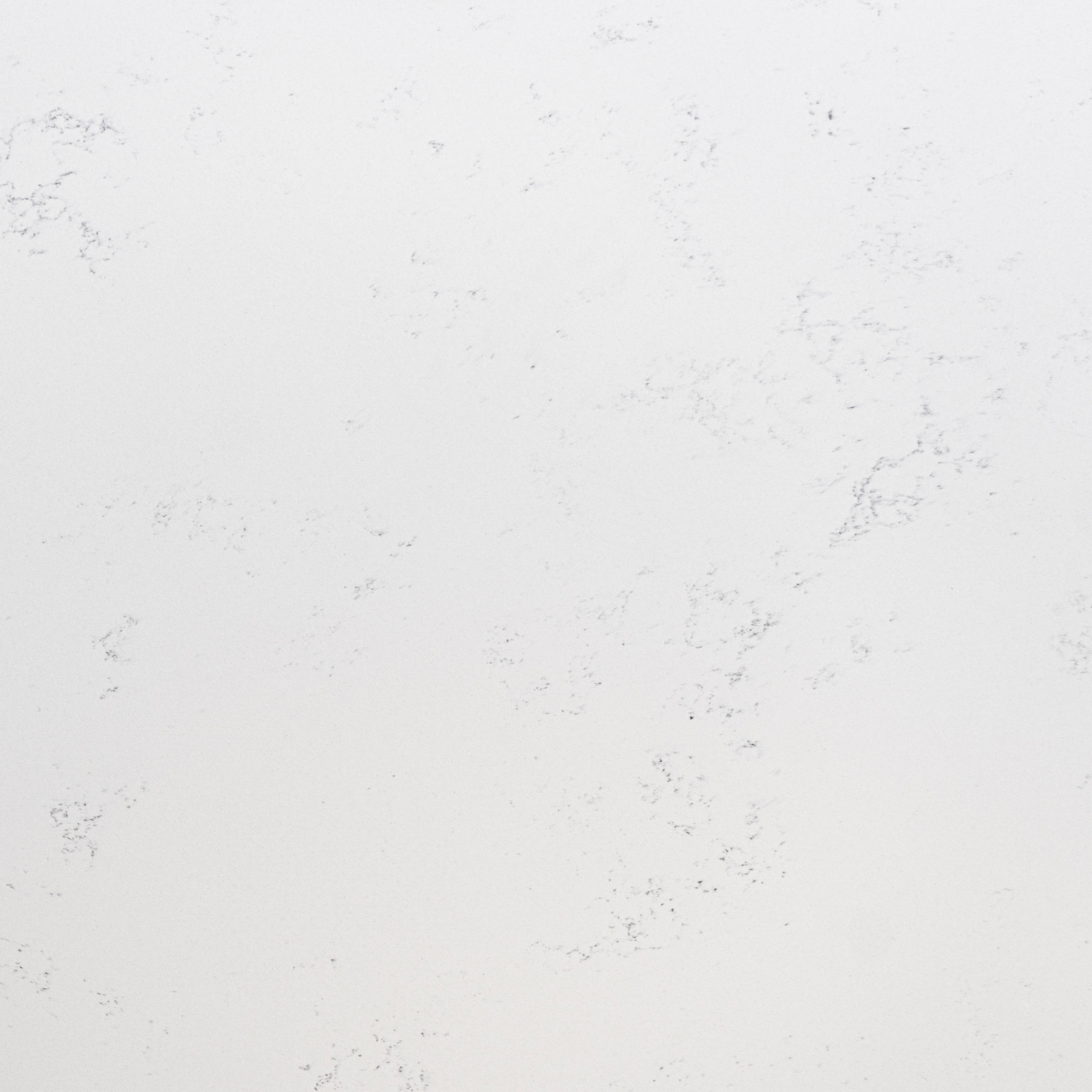 Bluetta Carrara Quartz slab close-up showing soft grey veining across a smooth white finish