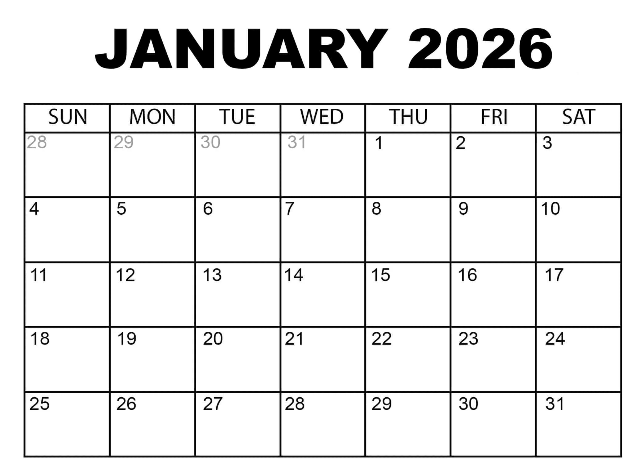 January Calendar 2026