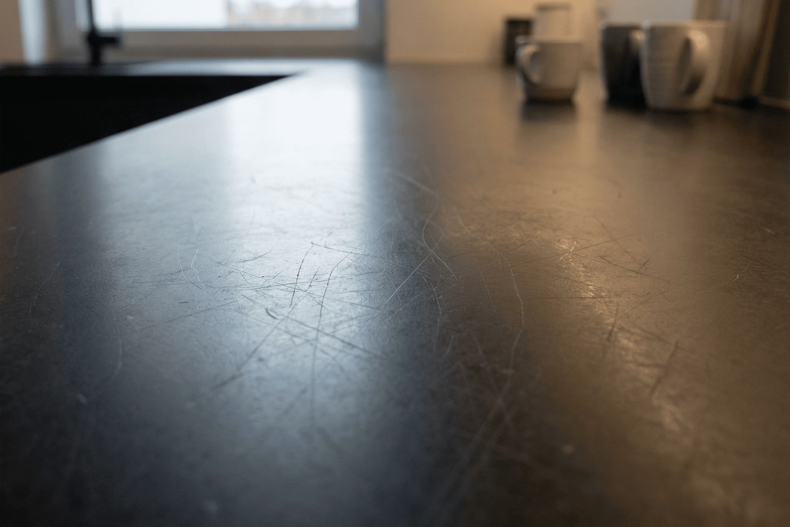 Black Quartz kitchen worktop with fine surface scratches visible under angled light