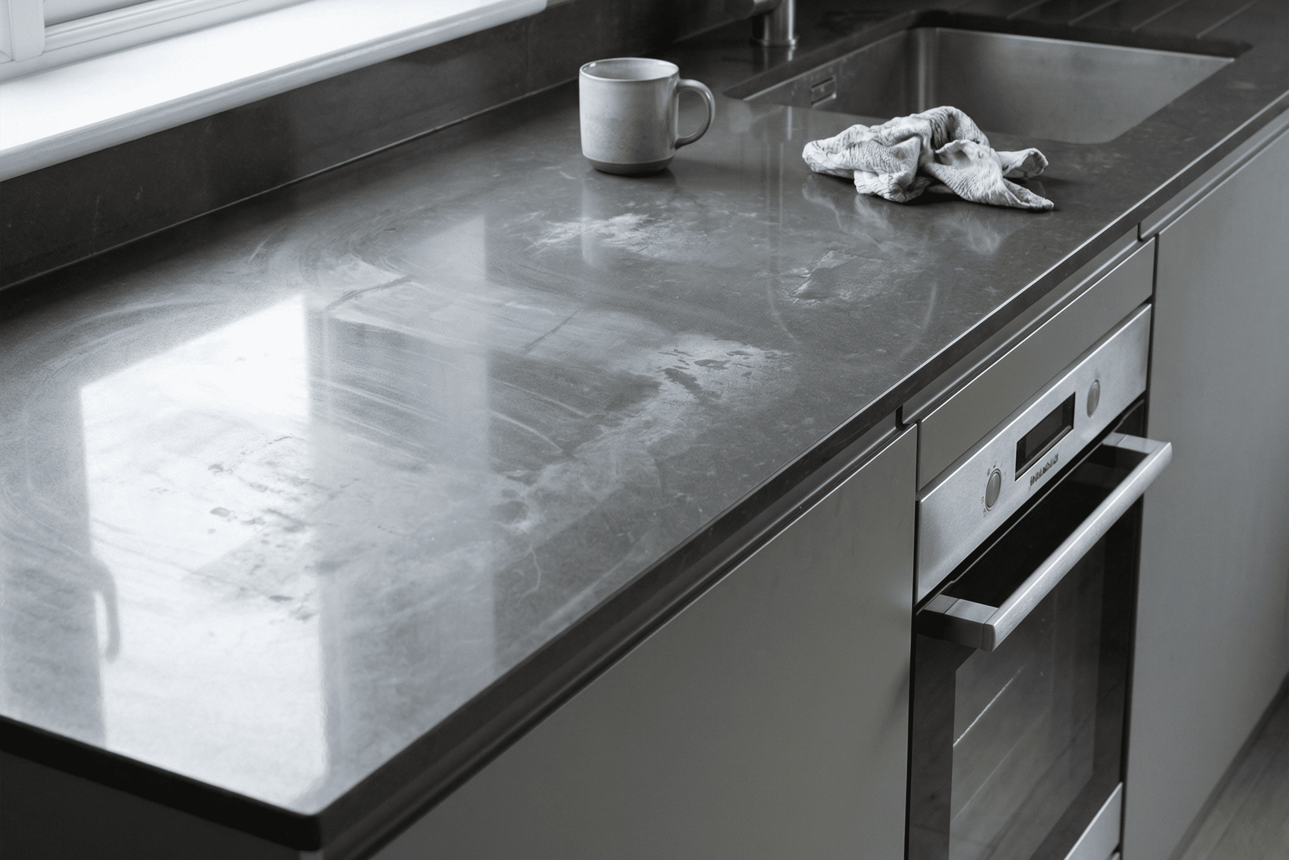 Grey Quartz kitchen worktop with surface marks and dull patches from improper cleaning
