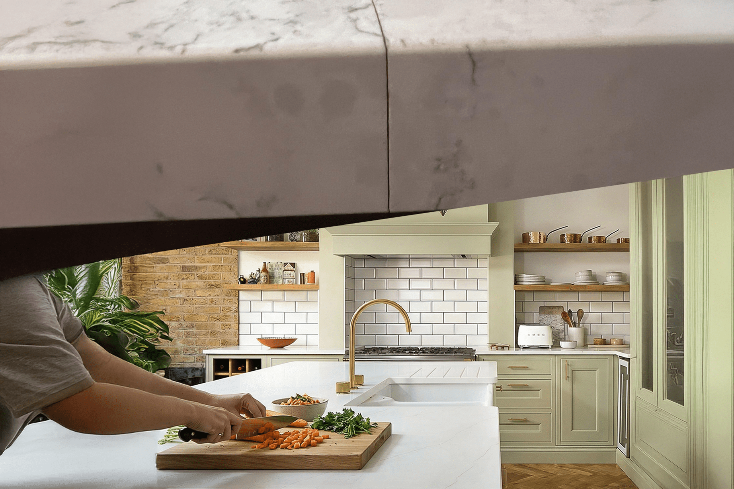 Comparison image showing a cracked poor quality Quartz worktop above a high quality Quartz kitchen island installed correctly