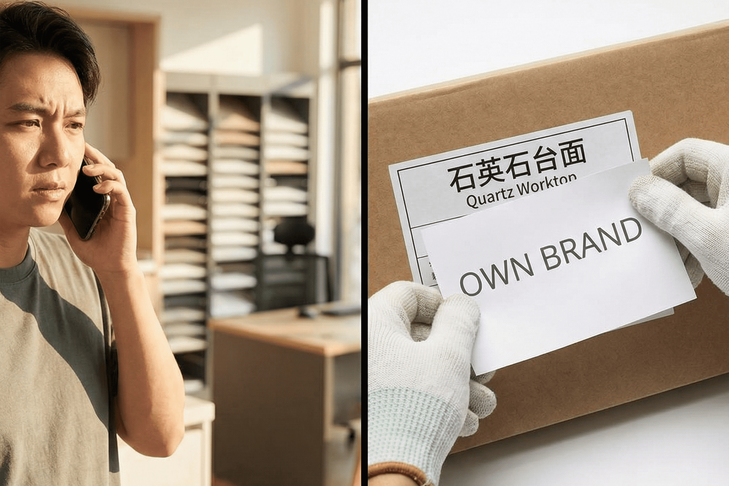 Split image showing a person questioning a worktop supplier on the phone alongside an own brand label being placed over Quartz worktop text written in Chinese